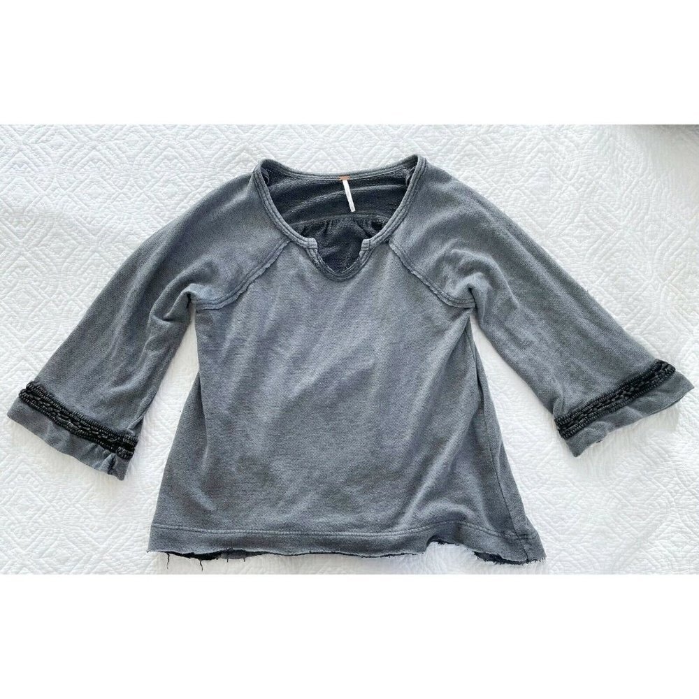 Free People Bell Crochet Gray High Low Sweatshirt Womens Size XS Oversized - Picture 6 of 6